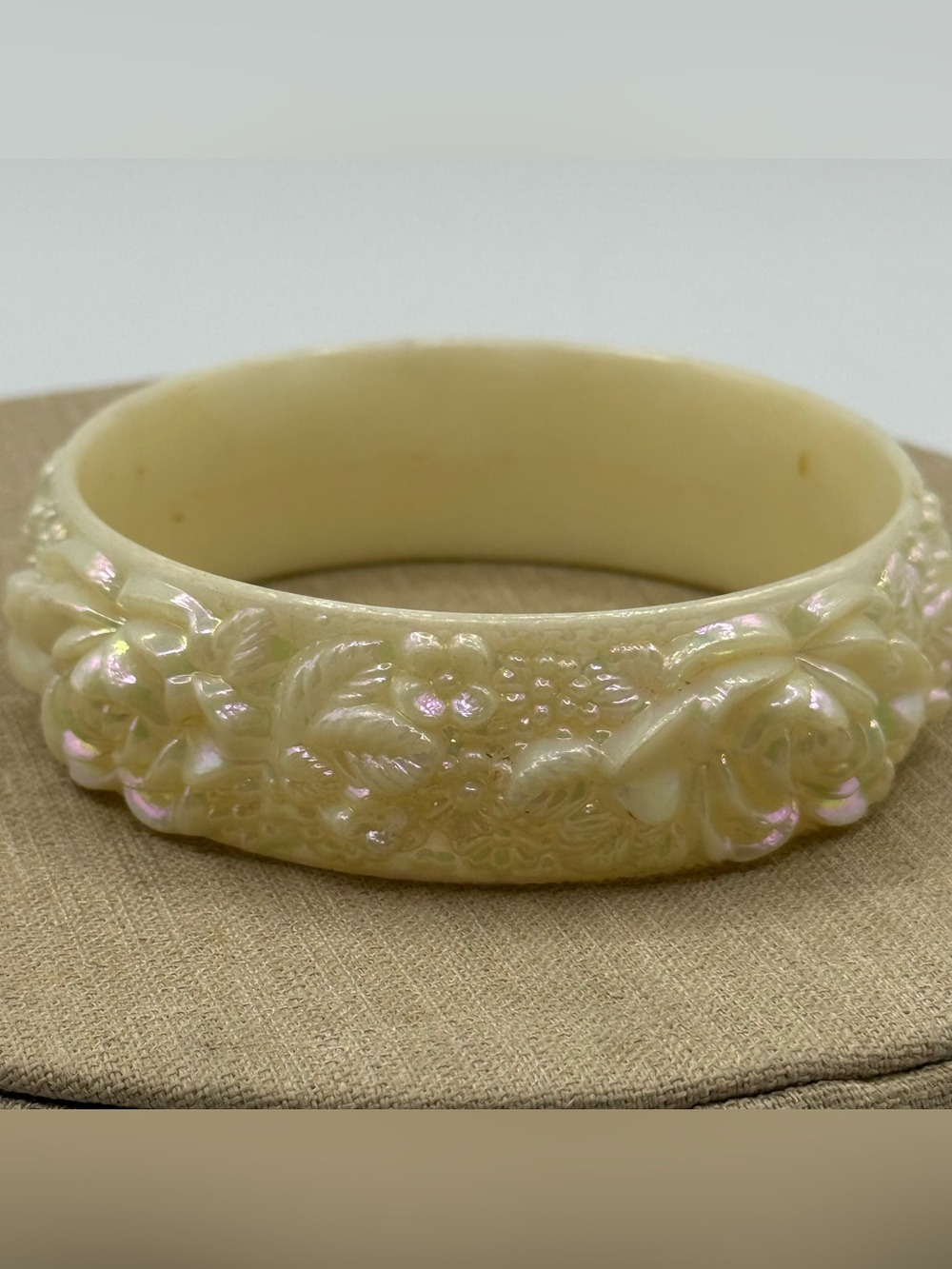 Ivory iridescent Floral Carved celluloid Bangle Bracelet